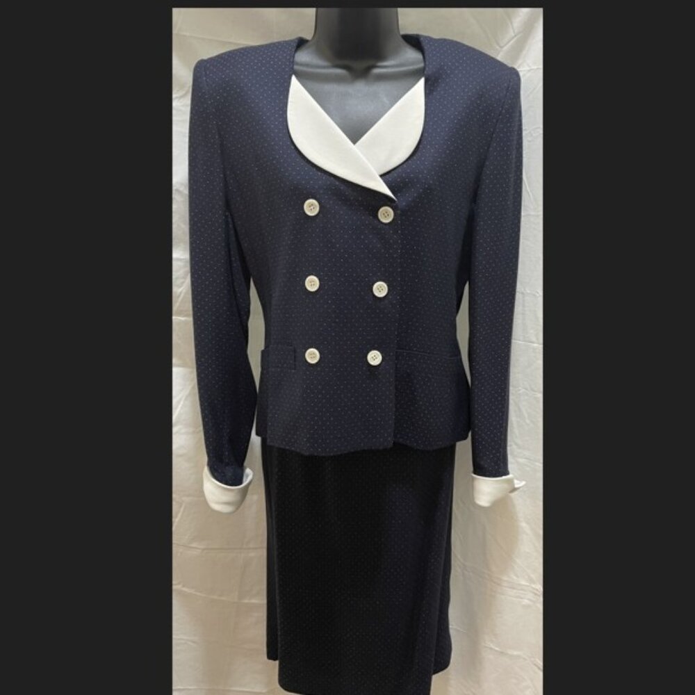 Vintage Navy Polka Dot Skirt Suit White Collar Power Suit Set
